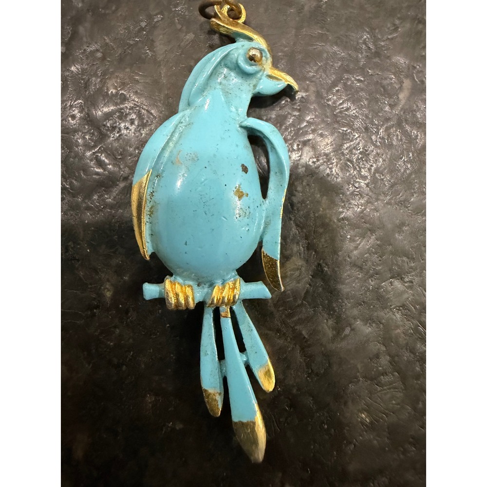 Vintage Mid Century Enamel Bird Pendant Turquoise Blue Gold Tone Parrot Charm